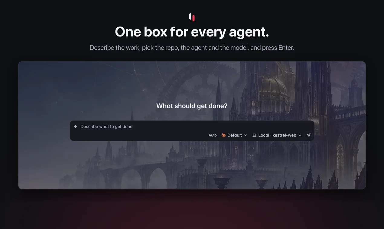 One box for every agent. Describe the work, pick the repo, the agent and the model, and press Enter.