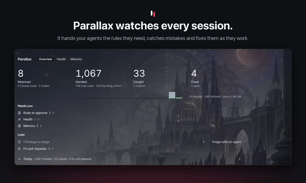 Parallax watches every session. It hands your agents the rules they need, catches mistakes and fixes them as they work.