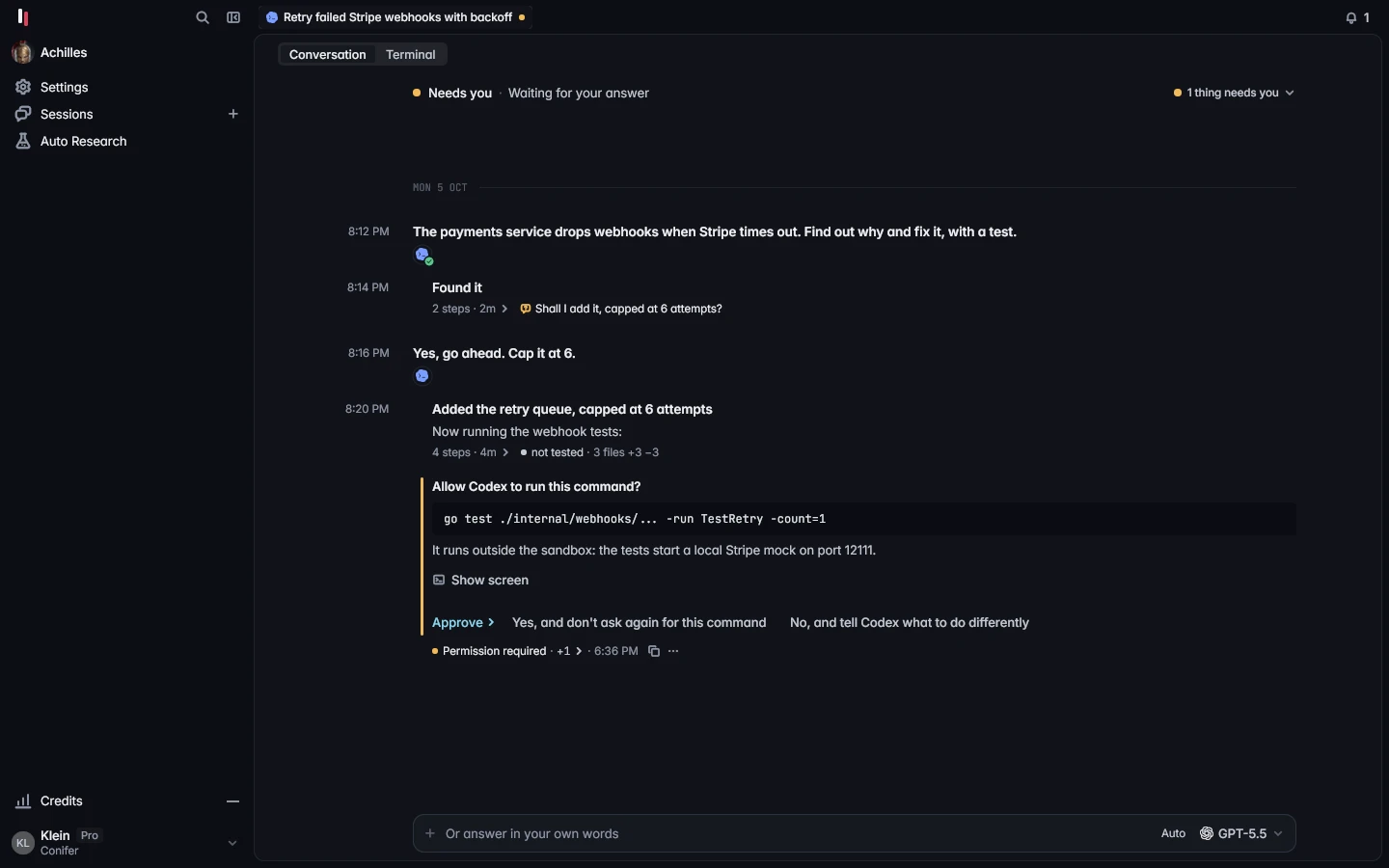 Parallax on a Mac. A Codex session fixing failed Stripe webhooks stops to ask before it runs its tests, and waits for Approve.